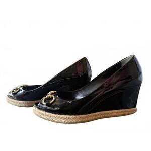 Gucci Black Patent Leather Wedge Heels with Gold Horsebit Detail, EU 39
